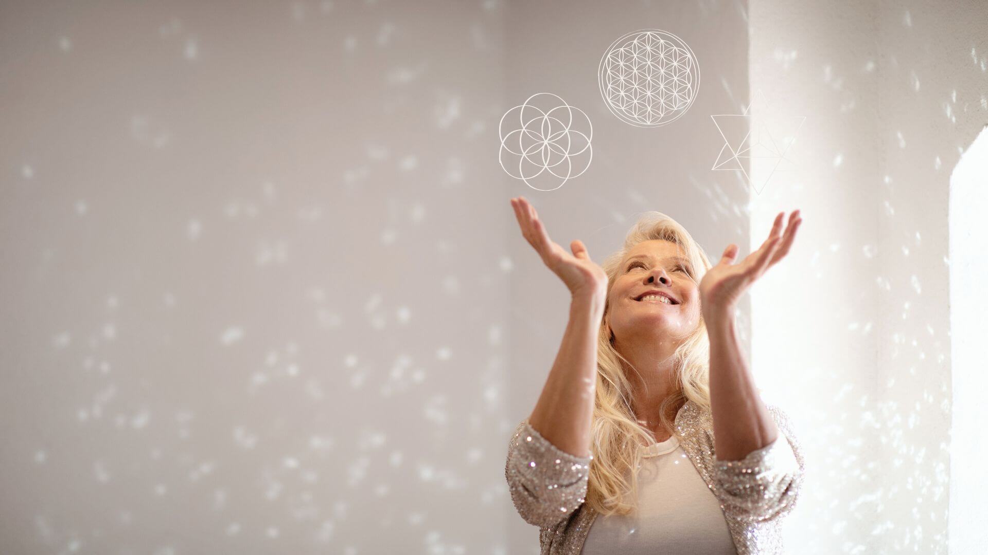 lon magic with sacred geometry symbols Lon standing with her hands up among magical sparkles and sacred geometry symbols